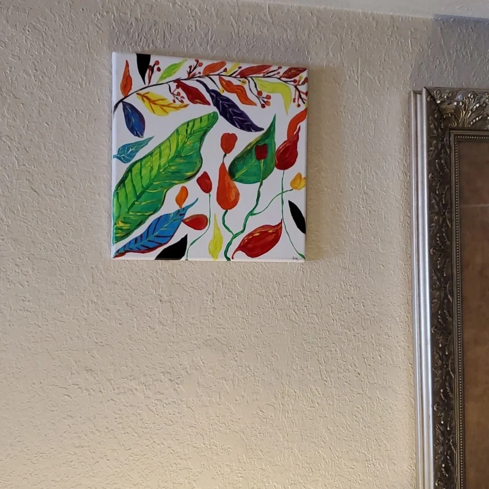 Original Unique Folk Art Floral Fauna Acrylic Painting Handmade‎ Art Home Decor